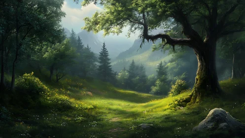 Ancient Forest Valley with Sunlit Clearing and Mountains.