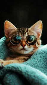 Spectacled Feline: Orange Tabby Strikes Intellectual Pose in Turquoise.