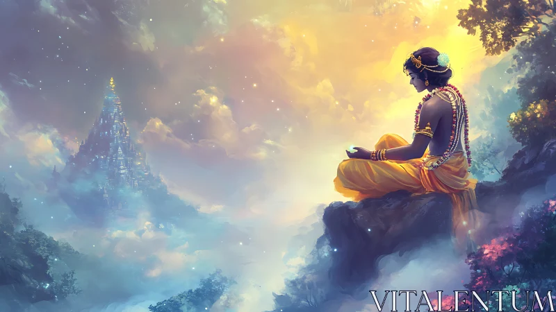 Divine figure in golden robes overlooking distant temple