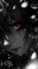 Monochrome close-up of tear-streaked anime face with red eye.