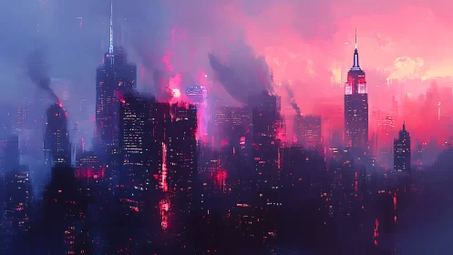 Neon storm over twilight skyscrapers ignites the city skyline.