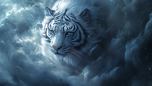 Celestial white tiger drifts through storm-forged starlit clouds