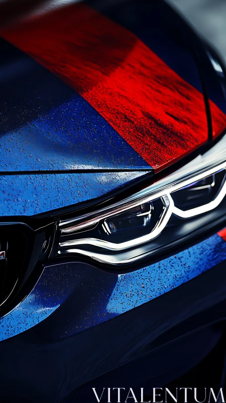 Close-up view of blue performance car with red stripe.