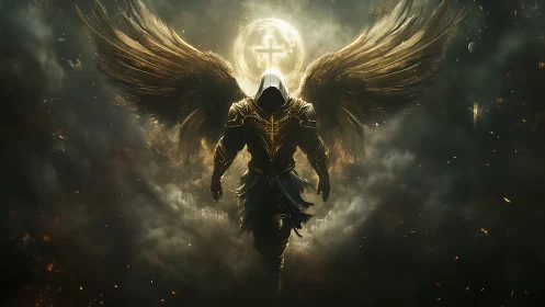 Winged hooded figure in armor before full moon backdrop.