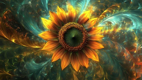 Solar sunflower swirling through luminous cosmic currents.
