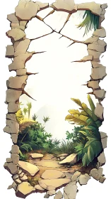 Framed jungle pathway through broken stone wall border.
