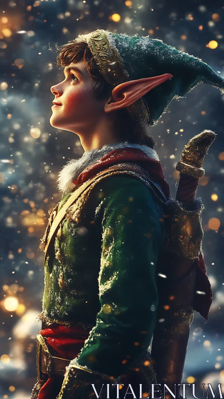 Young winter elf gazing upward in glowing snowfall twilight.