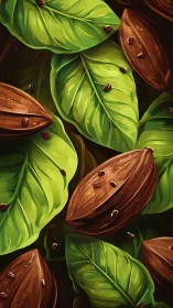 Cocoa pods rest among glossy coffee leaves in tight pattern