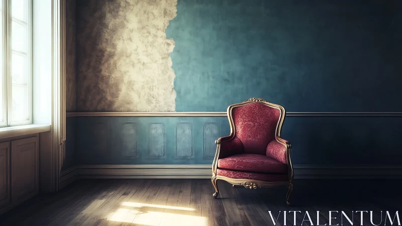 Ornate red armchair sits in moody sunlit vintage room