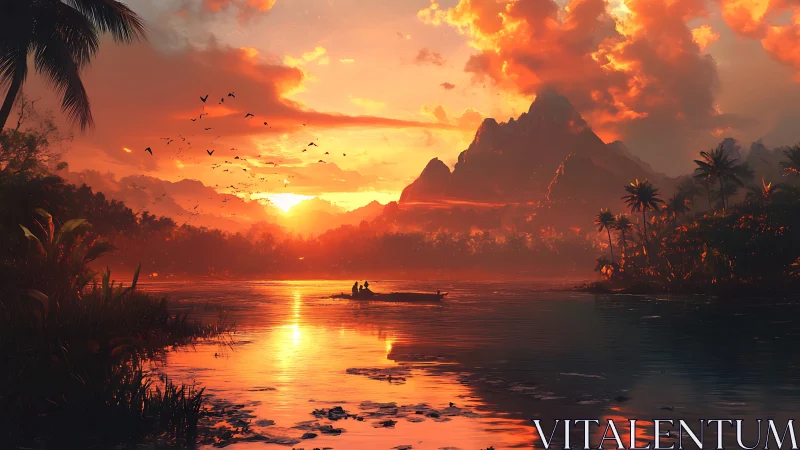 Tropical river at sunset with distant mountain and canoe.