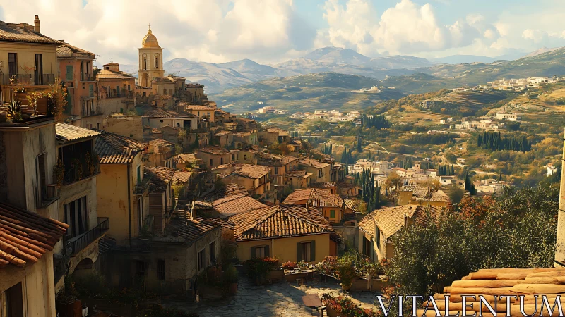 Sunlit Italian hill town with terracotta roofs and valley view.