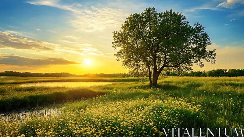 Solitary meadow sentinel bathing in honeyed sunset light.