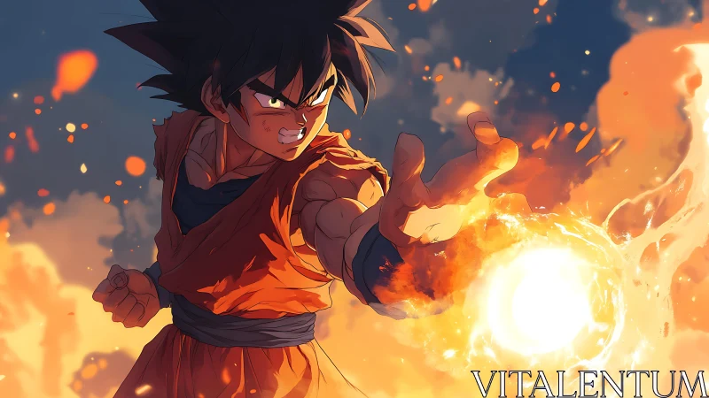 Dynamic anime fighter unleashing fiery energy sphere attack