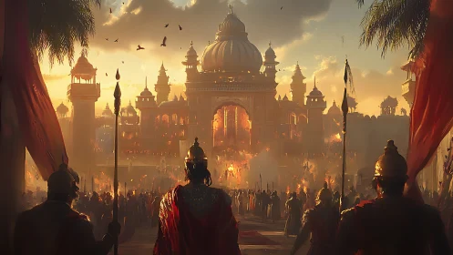 Armored figures observe fortified palace amid dense gathering