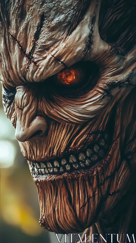 Sinister wooden titan with a burning, watchful gaze.