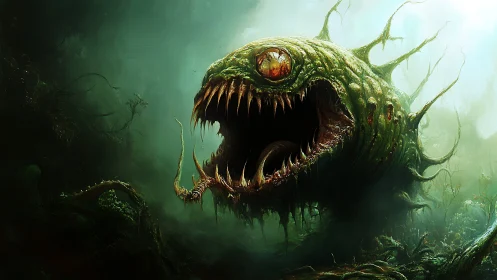 Ferocious swamp monster with gaping jaws in green mist
