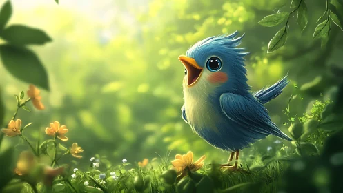 Cute blue cartoon bird singing in a magical forest illustration.