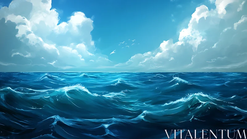 Sunlit ocean waves roll beneath towering summer clouds.