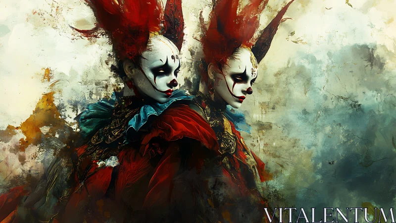 Twin harlequin phantoms in abstract crimson stormscape.