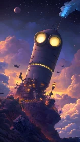 Giant rocket robot tower glows above drifting sky city.