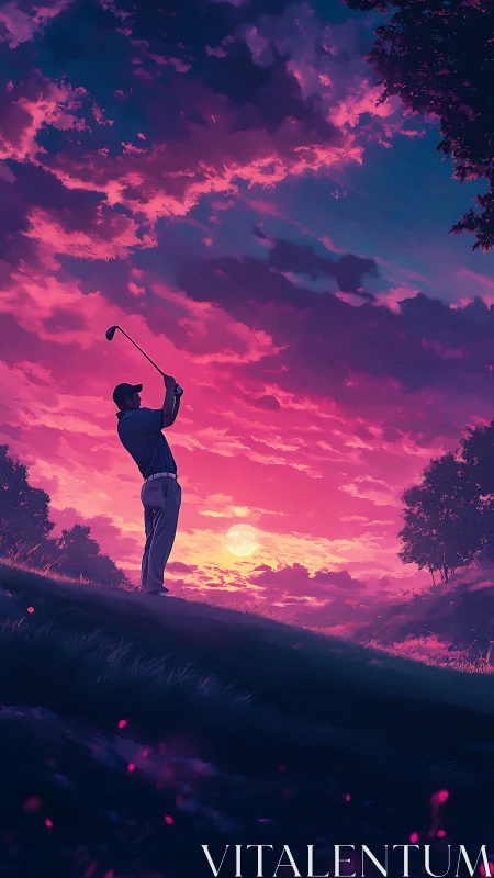 Golfer swings in vivid magenta sunset over quiet fairway