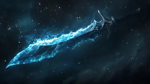 Starlit ice-forged sword glows with crackling cosmic power