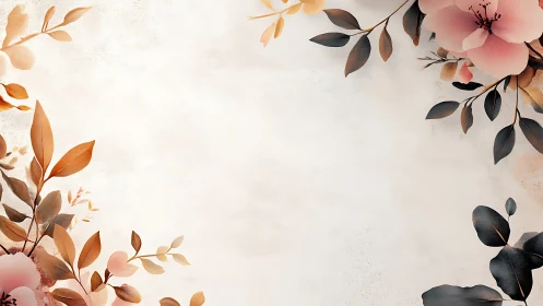 Watercolor floral border with autumn foliage and pink flowers on textured beige background