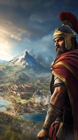 Warrior overlooking ancient valley city under stormy sky.