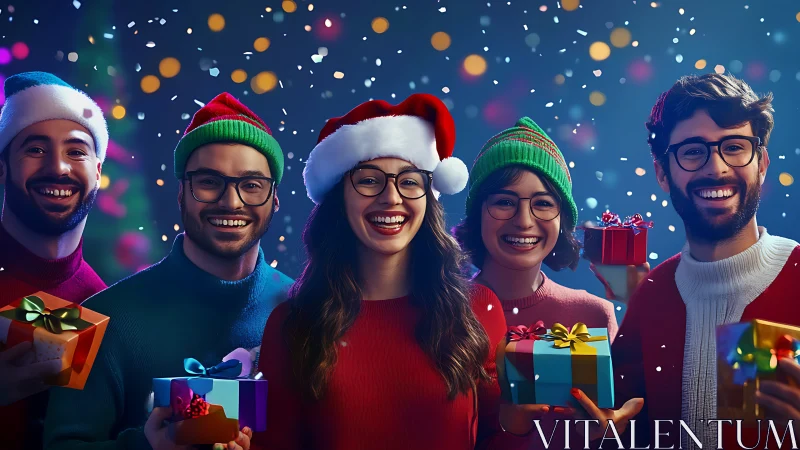 Group portrait with holiday hats holding wrapped gift boxes.