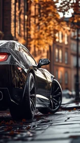 Glossy black sports car on wet city street at autumn dusk.