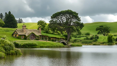 Hillside hobbit hideaway beside a hush-bright country river.