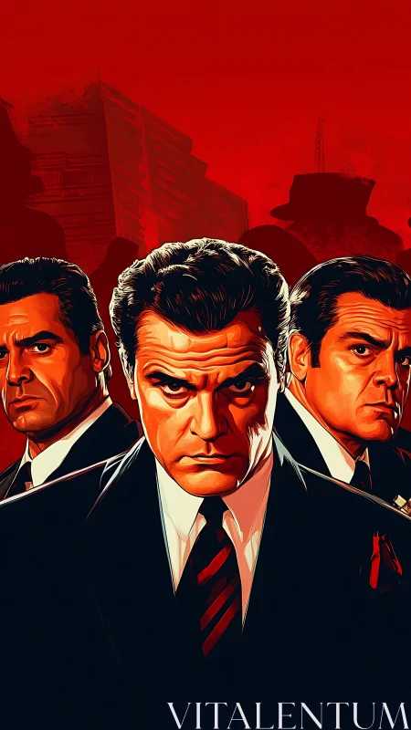 Triadic mobster portrait under saturated red skyline background