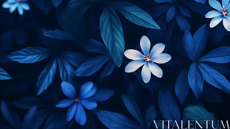 Blue Night Florals with Pale Blossoms.