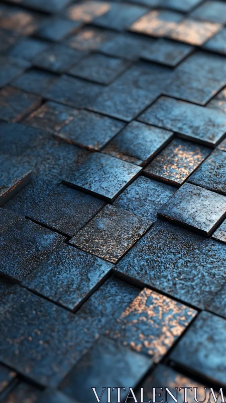 Gentle copper light glows across layered blue metal tiles.