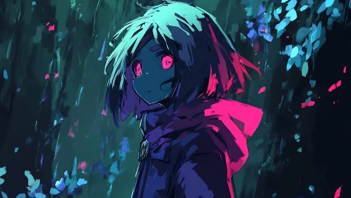 Hooded child stands in neon forest under blue pink glow