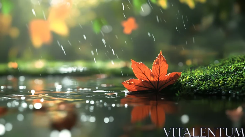 Single autumn leaf resting by rainlit forest waterline.