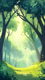 Sunlit Forest Path Through Dense Woodland