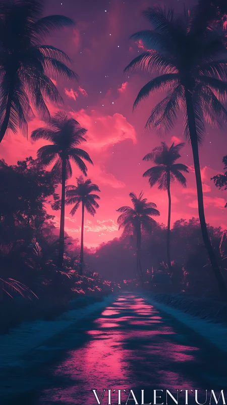 Neon tropical palms over glowing river at twilight sky.