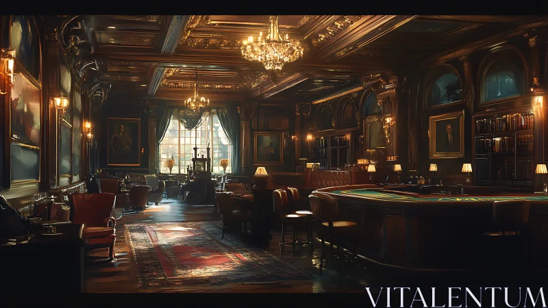 Luxurious vintage casino lounge glows under crystal chandeliers