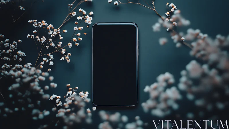 Black smartphone on dark surface framed by soft flowers.