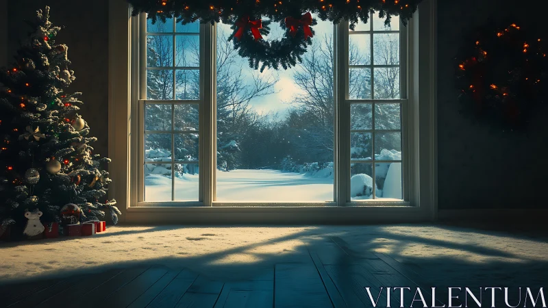 Snowy winter landscape framed by calm holiday decor.