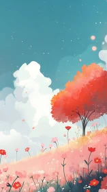 Crimson tree on pastel hillside beneath expansive teal sky.