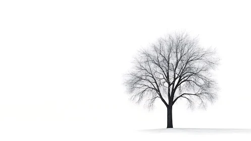 Single bare tree on snow against white winter sky.