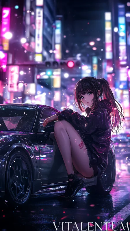 Night street racer girl beside car in neon cityscape.