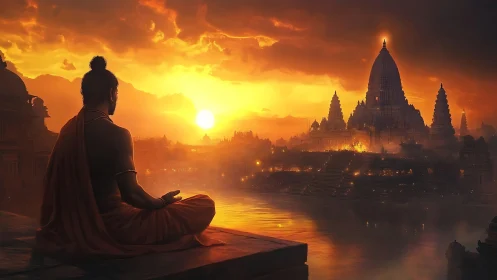 Monk meditates beside glowing temple city at sunset