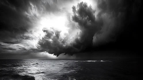 Storm-laden clouds explode above a dark, restless ocean.