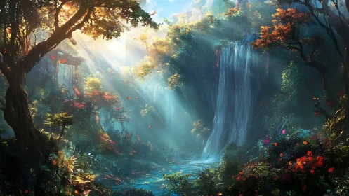 Enchanted Forest Waterfall Scene with Volumetric Light Rendering and Chromatic Layering