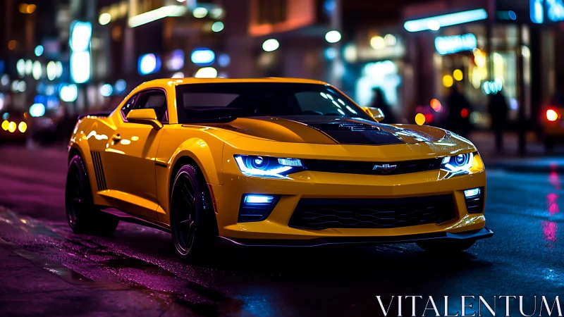 Midnight city cruise with a bold yellow muscle car.