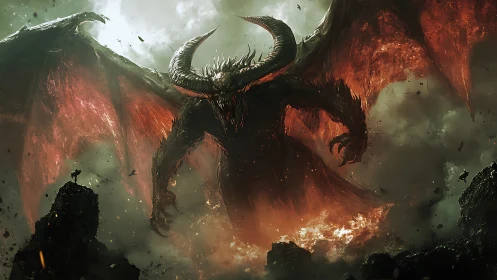 Colossal horned demon emerges from fiery storm of ruin