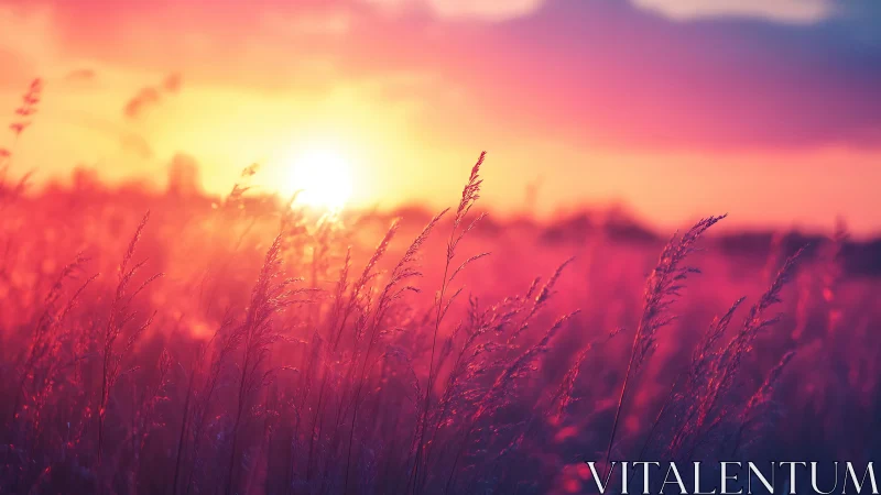 Sunset backlights tall grasses in shallow-focus landscape field